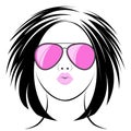 Fashionable girl in short-cut pink glasses with red lips which is isolated on a white background
